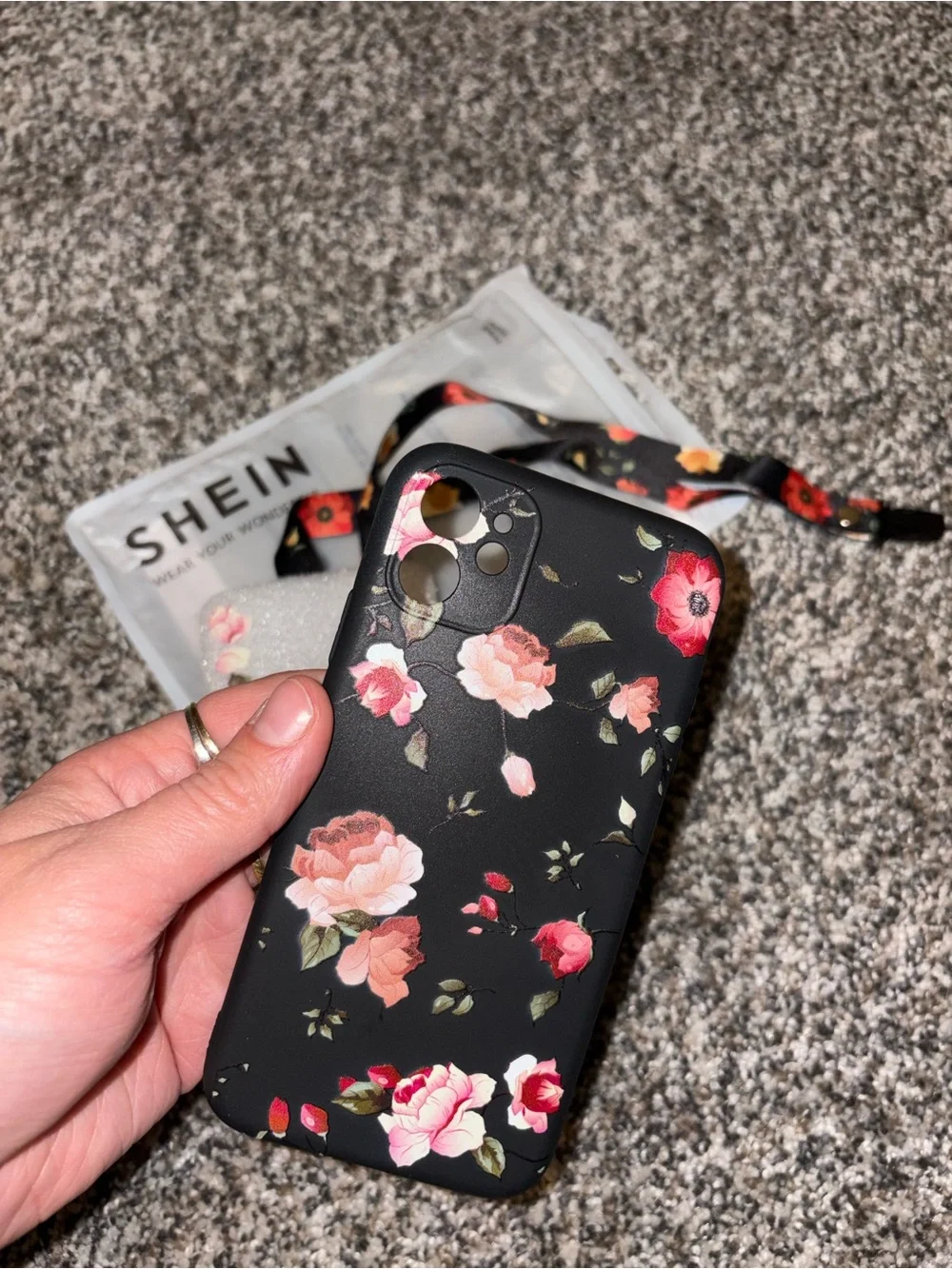 iPhone 11 SHEIN Black Floral Phone Case with Pink Rose Print and Matching Strap